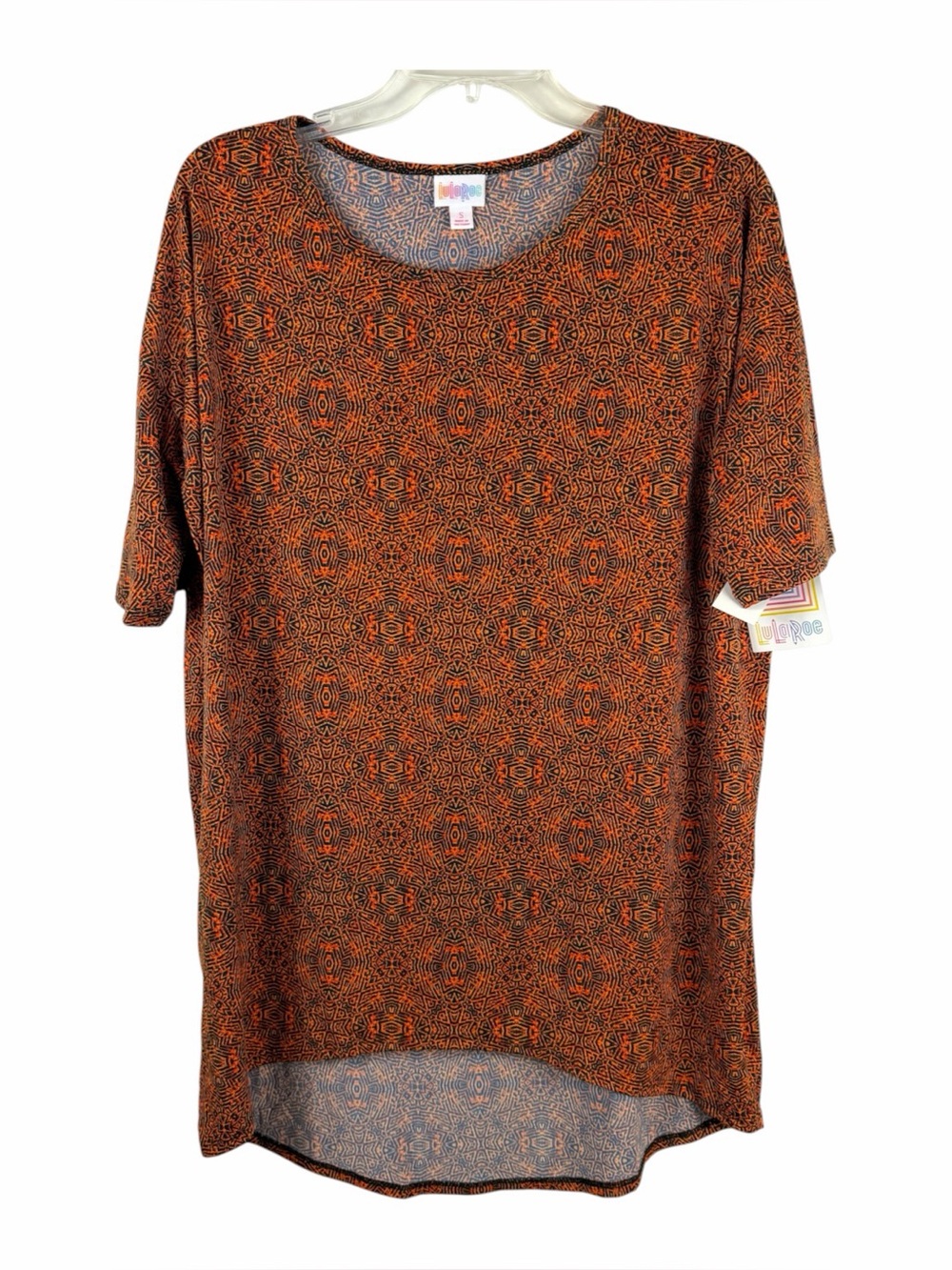 NWT LULAROE Irma Orange Black Geometric Long Pullover Top Womens Size S